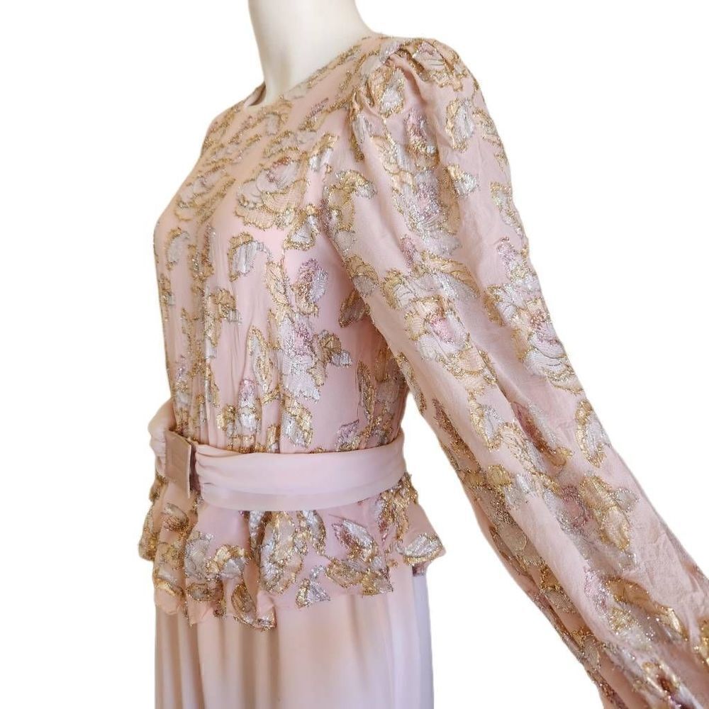 Patra women's large vintage '80s pink gold blush metallic floral dress long slee
